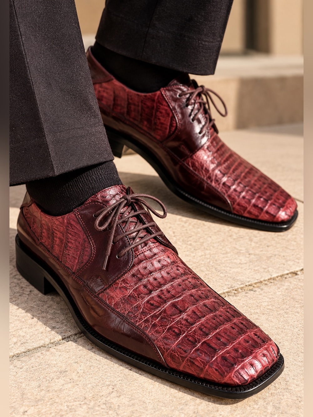 Men’s Burgundy Exotic Embossed Leather Square Toe Dress Shoes Size 12
